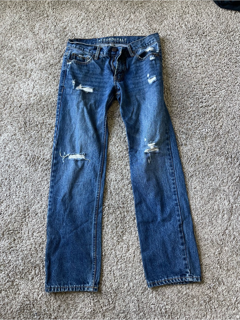Aeropostale Men's Distressed Dark Blue Straight Jeans